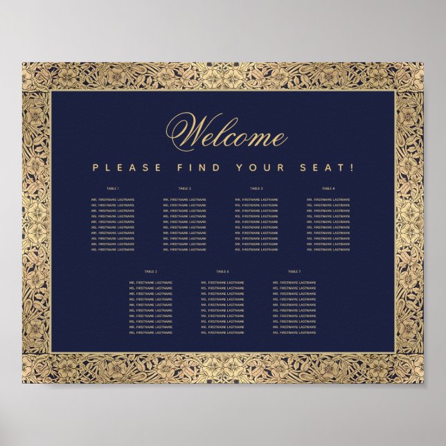 Small 7 Table Navy Blue Gold Roses Seating Chart (Front)