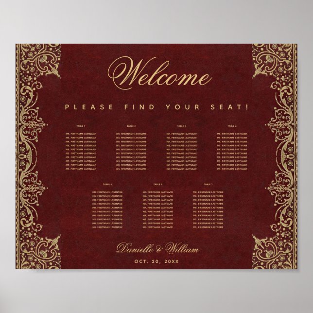 Small 7 Table Vintage Burgundy Gold Seating Chart (Front)