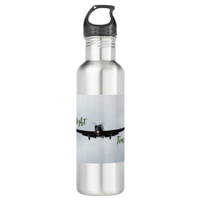 Small aircraft with flight time in green stainless steel water bottle (Front)