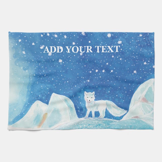 Small Arctic Fox Illustration Personalized Kitchen Towel (Horizontal)