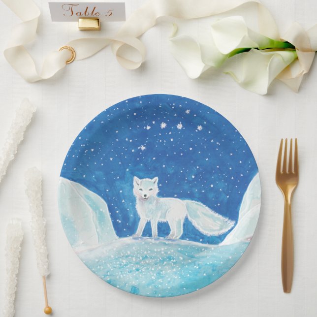 Small Arctic Fox (Vulpes lagopus) Illustration    Paper Plates (Wedding)
