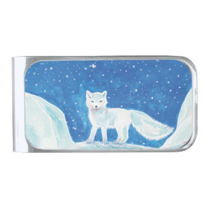 Small Arctic Fox (Vulpes lagopus) Illustration Silver Finish Money Clip