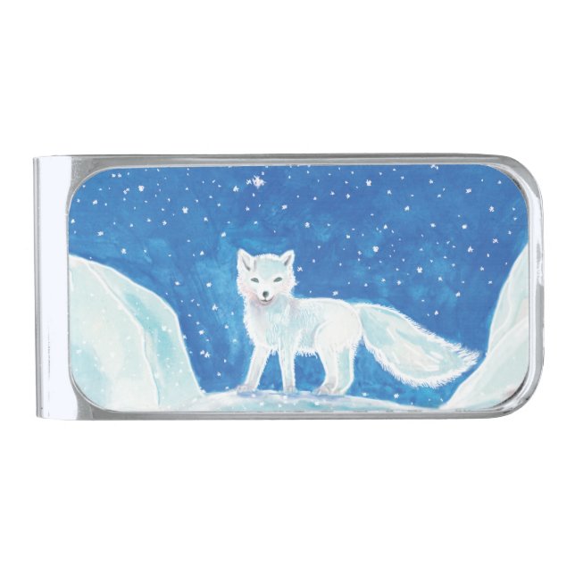 Small Arctic Fox (Vulpes lagopus) Illustration Silver Finish Money Clip (Front)