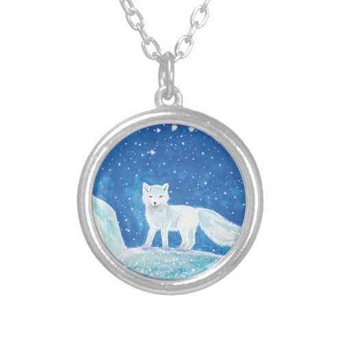 Small Arctic Fox Vulpes lagopus Illustration   Silver Plated Necklace