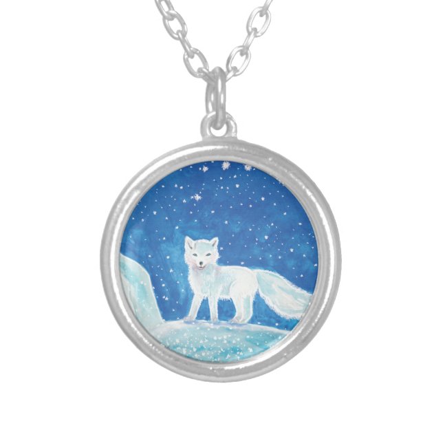 Small Arctic Fox (Vulpes lagopus) Illustration   Silver Plated Necklace (Front)