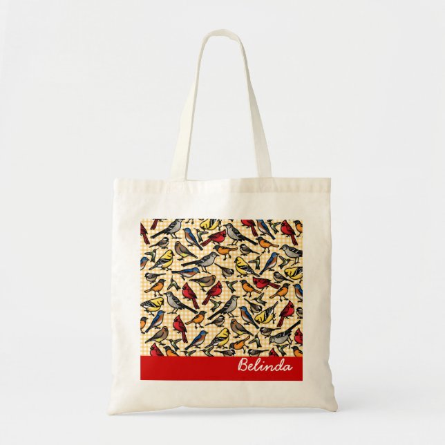 Small Backyard Birds on Gingham, Personalized Tote Bag (Front)