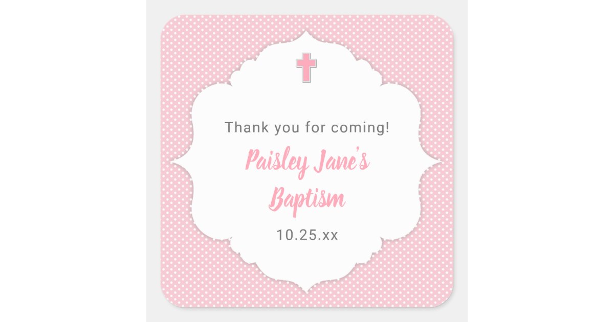 Small Baptism favor sticker, pink dot Square Sticker | Zazzle