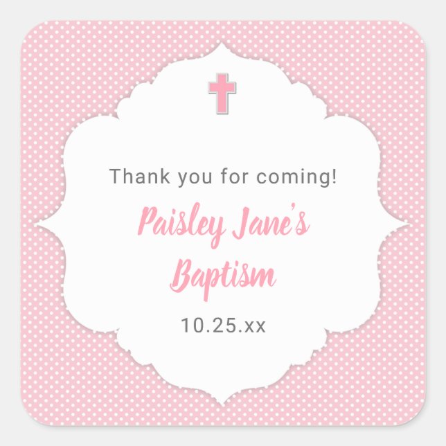 Small Baptism favor sticker, pink dot Square Sticker (Front)