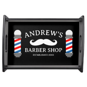 Small barber shop serving tray with mustache logo