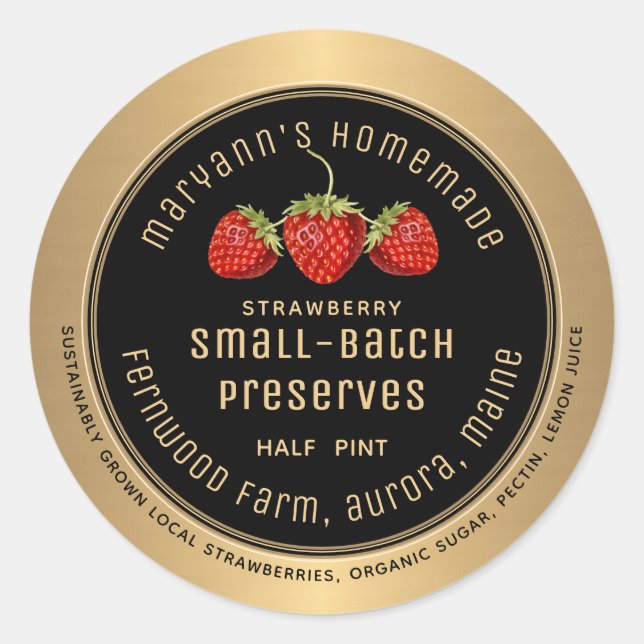Small Batch Strawberry Preserves Metallic Gold Classic Round Sticker (Front)