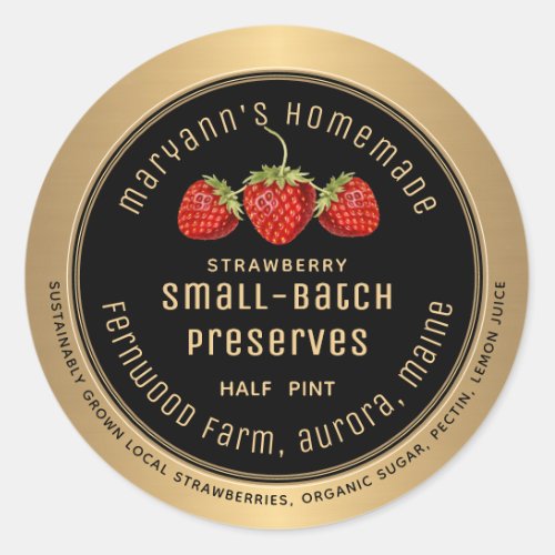 Small Batch Strawberry Preserves Metallic Gold Classic Round Sticker