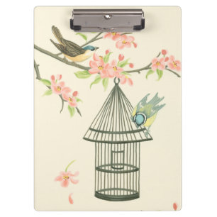 Small Birds Perched on a Branch and on a Birdcage Clipboard