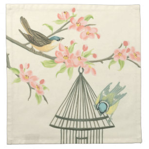 Small Birds Perched on a Branch and on a Birdcage Cloth Napkin