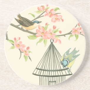 Small Birds Perched on a Branch and on a Birdcage Coaster