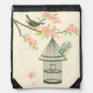 Small Birds Perched on a Branch and on a Birdcage Drawstring Bag