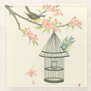 Small Birds Perched on a Branch and on a Birdcage Glass Coaster