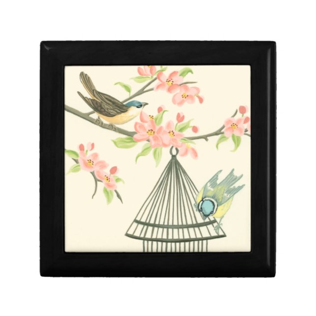 Small Birds Perched on a Branch and on a Birdcage Jewelry Box (Front)