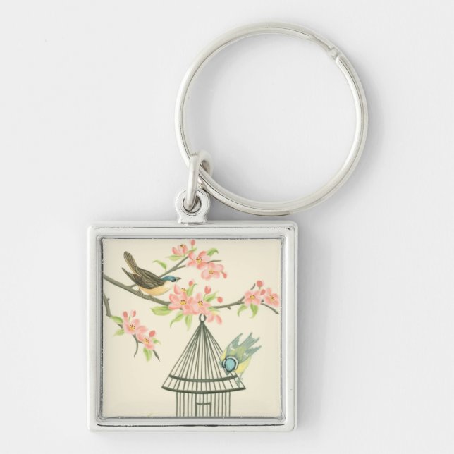 Small Birds Perched on a Branch and on a Birdcage Keychain (Front)