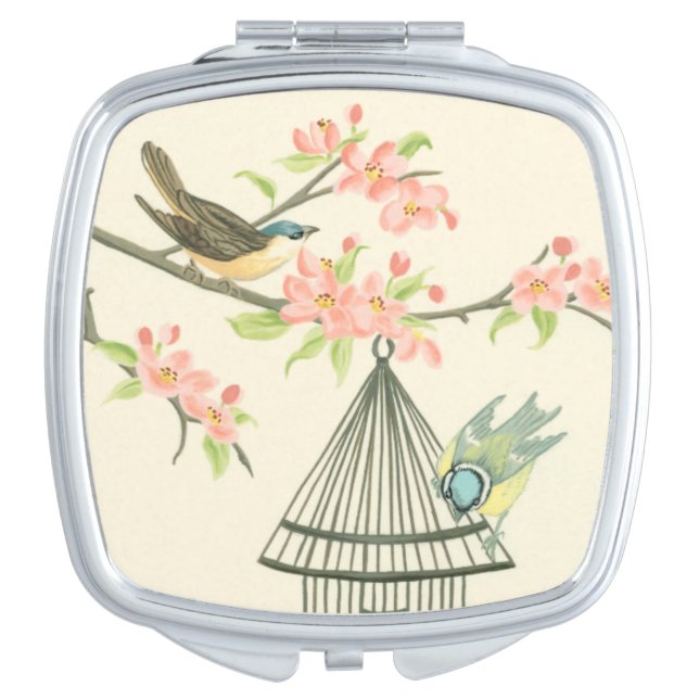 Small Birds Perched on a Branch and on a Birdcage Makeup Mirror (Front)