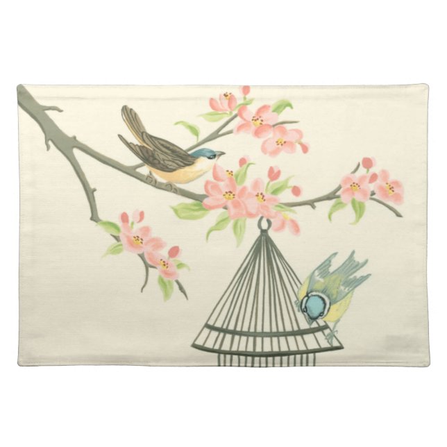Small Birds Perched on a Branch and on a Birdcage Placemat (Front)
