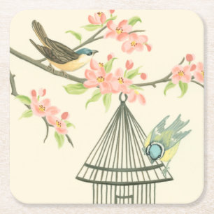 Small Birds Perched on a Branch and on a Birdcage Square Paper Coaster