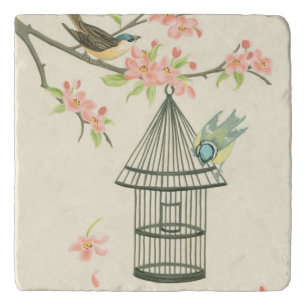 Small Birds Perched on a Branch and on a Birdcage Trivet