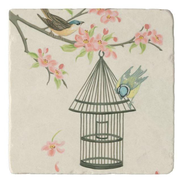 Small Birds Perched on a Branch and on a Birdcage Trivet (Front)