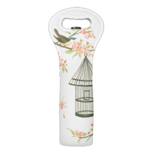 Small Birds Perched on a Branch and on a Birdcage Wine Bag