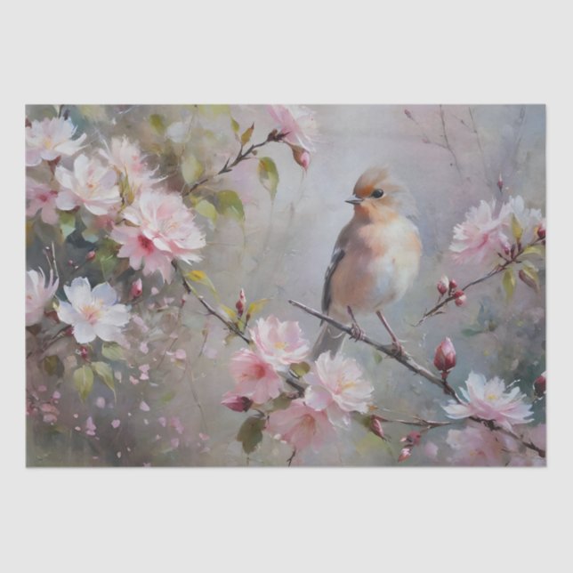 Small Birds with Blossoming Flowers Decoupage Tissue Paper (Front)
