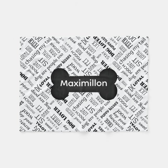 SMALL Black Bone with Name on White Fleece Blanket (Front (Horizontal))