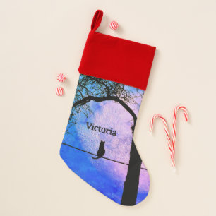 Small Black Cat on a Wire Full Moon Name Christmas Stocking