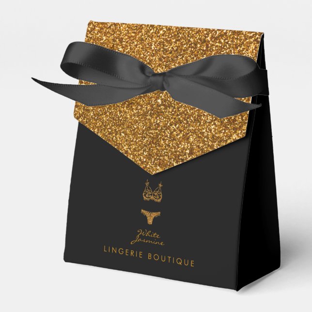 Small Black Favor Box With Gold Glitter Logo (Front Side)