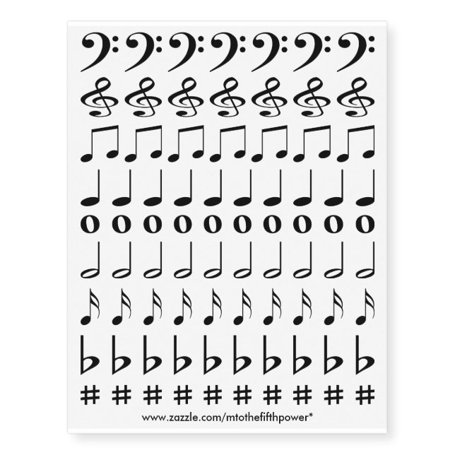 Small Black Music Notes and Symbols Temporary Tattoos (Front)