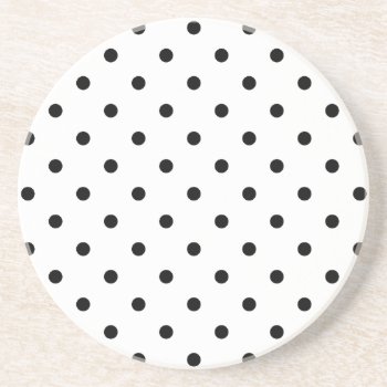 Small Black Polka Dots White Background Drink Coaster by sumwoman at Zazzle