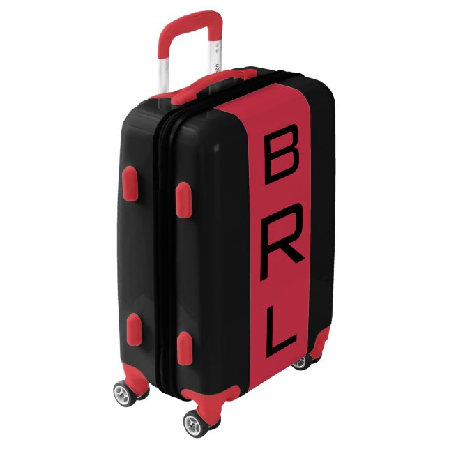 SMALL Black + Red Monogrammed Carry On Luggage (Rotated Left)