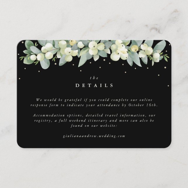 Small Black Snowberry+Eucalyptus Wedding Details Enclosure Card (Front)