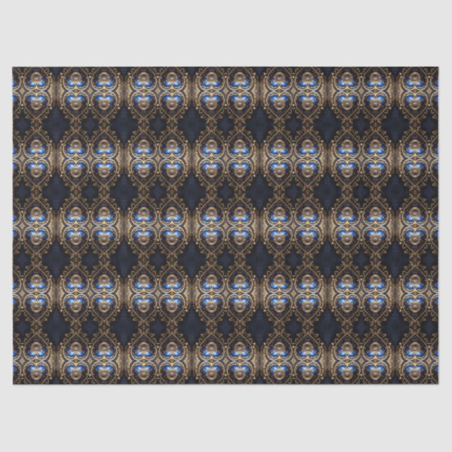 small blue and gold steampunk hearts pattern tissue paper (Front)