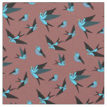 Small blue bird flying, sitting, Folk art print Fabric
