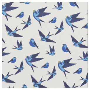 Small blue bird flying, sitting, Folk art print Fabric