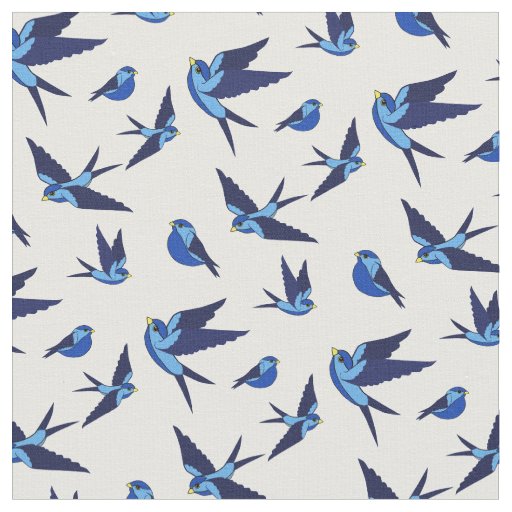 Small blue bird flying, sitting, Folk art print Fabric