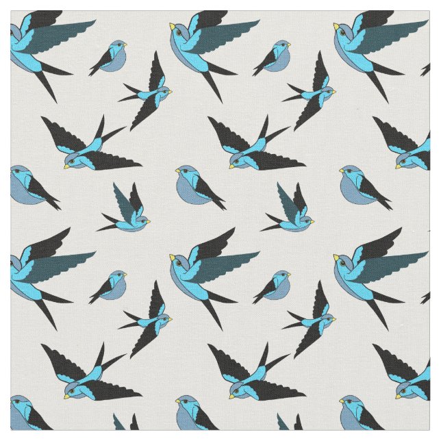 Small blue bird flying, sitting, Folk art print Fabric (Close Up)