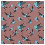 Small blue bird flying, sitting, Folk art print Fabric