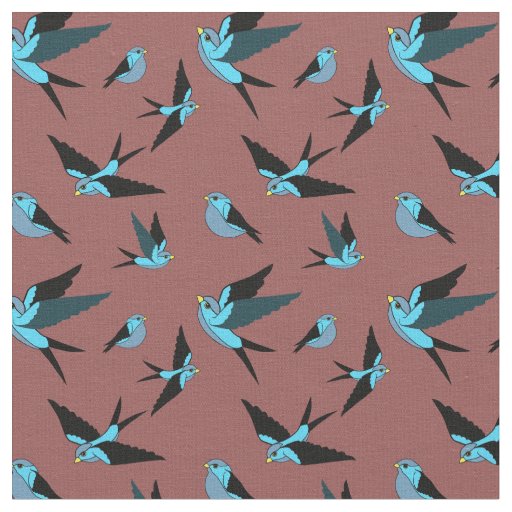 Small blue bird flying, sitting, Folk art print Fabric