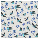 Small blue bird flying, sitting, Folk floral print Fabric