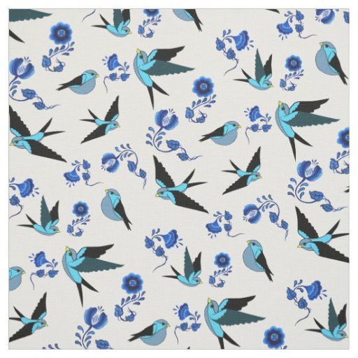 Small blue bird flying, sitting, Folk floral print Fabric