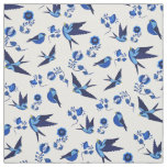 Small blue bird flying, sitting, Folk floral print Fabric