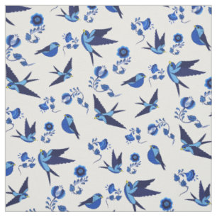 Small blue bird flying, sitting, Folk floral print Fabric