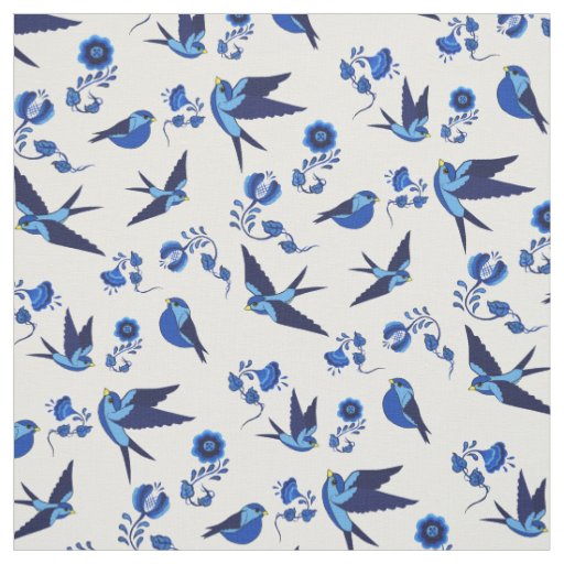 Small blue bird flying, sitting, Folk floral print Fabric