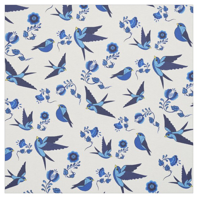Small blue bird flying, sitting, Folk floral print Fabric (Swatch)