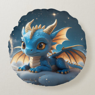 Small blue dinosaur on a cloud round pillow